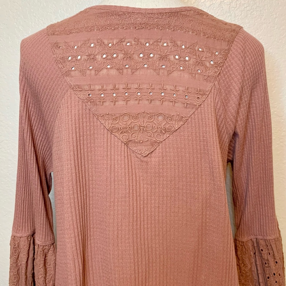 Free People Parisian Nights Long Bell Sleeve Eyelet Top Rose Brown Size Medium - Picture 10 of 15